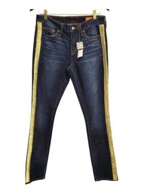 Revolve Jean Shop | Lana Glitter Gold Stripe Side Skinny Jeans Dark Wash